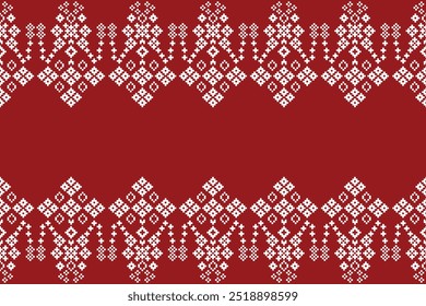 Ethnic traditional motifs ikat geometric fabric pattern cross stitch.Ikat embroidery Ethnic oriental Pixel red background. Abstract,vector,illustration. Texture,christmas,decoration,wallpaper.