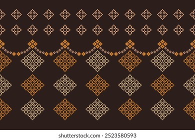 Étnica tradicional motivos ikat padrão de tecido geométrico ponto cruz.Ikat bordado Étnico oriental Pixel marrom fundo.Abstrato,vetor,ilustração. Textura, decoração, papel de parede.