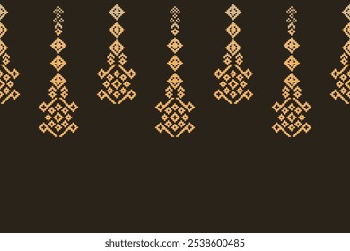 Ethnic traditional motifs ikat geometric fabric pattern cross stitch.Ikat embroidery Ethnic oriental Pixel brown background.Abstract,vector,illustration. Texture,decoration,wallpaper.