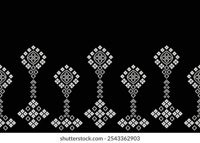 Ethnic traditional motifs ikat geometric black fabric pattern cross stitch.Ikat embroidery Ethnic oriental Pixel black background.Abstract,vector,illustration. Texture,decoration,wallpaper.