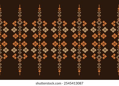 Ethnic traditional motifs ikat geometric fabric pattern cross stitch.Ikat embroidery Ethnic oriental Pixel brown background.Abstract,vector,illustration. Texture,decoration,wallpaper.