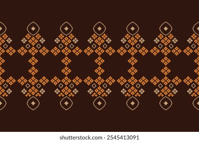 Ethnic traditional motifs ikat geometric fabric pattern cross stitch.Ikat embroidery Ethnic oriental Pixel brown background.Abstract,vector,illustration. Texture,decoration,wallpaper.