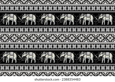 Ethnic Traditional Thai White Elephant Pixel Art Seamless Pattern.  Design for fabric, tile, carpet, embroidery, wrapping, wallpaper, and background