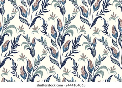 Ethnic trailing Floral pattern paisley seamless embroidery on white background. Ikat textured flower motif traditional. Bohemian style abstract vector illustration bohemian design.