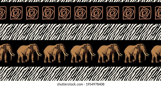 ETHNIC TREND. PAINTING IN AFRICAN STYLE. SEAMLESS AFRICAN PATTERN. TRADITIONAL PATTERN. savanna animals. elephant. Vector illustration. Fashion.