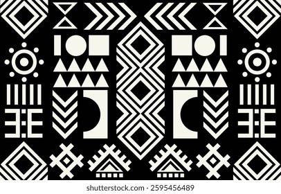 Ethnic tribal african black and white background. Seamless tribal pattern, folk embroidery, tradition geometric African ornament. Traditional design for fabric, textile, print, rug, paper