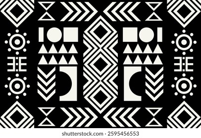 Ethnic tribal african black and white background. Seamless tribal pattern, folk embroidery, tradition geometric African ornament. Traditional design for fabric, textile, print, rug, paper