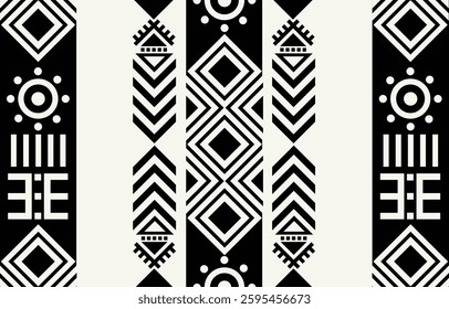 Ethnic tribal african black and white background. Seamless tribal pattern, folk embroidery, tradition geometric African ornament. Traditional design for fabric, textile, print, rug, paper