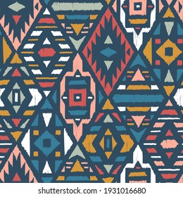 Ethnic Tribal Argyle Colorful Seamless Pattern. Traditional Boho Ikat Ornament of Doodle Rhombuses. Vector Abstract Mosaic Geometric Diamond Shapes Vector Background