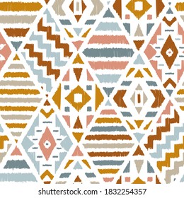 Ethnic Tribal Argyle Seamless Pattern. Traditional Boho Ikat Ornament of Doodle Rhombuses. Vector Abstract Mosaic Geometric Diamond Shapes Vector Background. Colorful illustration