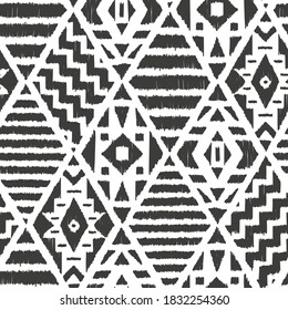 Ethnic Tribal Argyle Seamless Pattern. Traditional Boho Ikat Ornament of Doodle Rhombuses. Vector Abstract Mosaic Geometric Diamond Shapes Vector Background. Black and White illustration