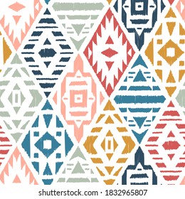 Ethnic Tribal Argyle Seamless Pattern. Traditional Boho Ikat Ornament of Doodle Rhombuses. Vector Abstract Mosaic Geometric Diamond Shapes Vector Colorful Background. 