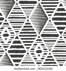 Ethnic Tribal Argyle Seamless Pattern. Traditional Boho Ikat Ornament of Doodle Rhombuses. Abstract Mosaic Geometric Diamond Shapes Striped Background. Black and White Vector illustration