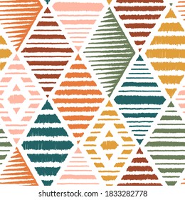 Ethnic Tribal Argyle Seamless Pattern. Traditional Boho Ikat Ornament of Doodle Rhombuses. Abstract Mosaic Geometric Diamond Shapes Striped Background. Colorful Vector illustration