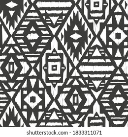 Ethnic Tribal Argyle Seamless Pattern. Traditional Boho Ikat Ornament of Doodle Rhombuses. Abstract Mosaic Geometric Diamond Shapes Black and White Vector Background