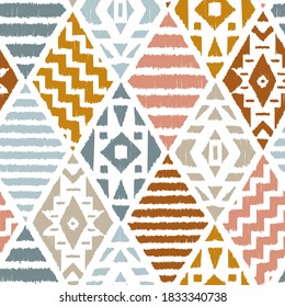 Ethnic Tribal Argyle Seamless Pattern. Traditional Boho Ikat Ornament of Doodle Rhombuses. Abstract Mosaic Geometric Diamond Shapes Pastel Colors Vector Background