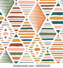 Ethnic Tribal Argyle Seamless Pattern. Traditional Boho Ikat Ornament of Doodle Rhombuses. Abstract Mosaic Geometric Diamond Shapes Striped Background. Colorful Vector illustration