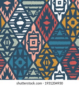 Ethnic Tribal Argyle Seamless Pattern. Traditional Boho Ikat Ornament of Doodle Rhombuses. Vector Mosaic Abstract Geometric Diamond Shapes Vector Colorful Background