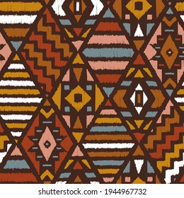 Ethnic Tribal Argyle Seamless Pattern. Traditional Boho Ikat Ornament of Doodle Rhombuses. Vector Abstract Mosaic Geometric Diamond Shapes Vector Colorful Background