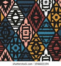 Ethnic Tribal Argyle Seamless Pattern. Traditional Boho Ikat Ornament of Doodle Rhombuses. Vector Abstract Mosaic Geometric Diamond Shapes Vector Colorful Background