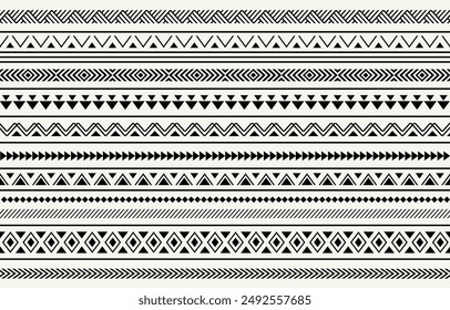 Etnia tribal azteca africana negra y fondo de rayas blancas. Patrón tribal sin costuras, bordado popular, adorno azteca geométrico de tradición. Diseño tradicional para tela, textil, estampado, alfombra, papel