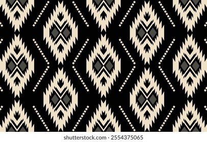 
Ethnic tribal Aztec african black background. Seamless tribal pattern, folk embroidery, tradition geometric Aztec ornament. Traditional design for fabric, textile, print, rug, paper
