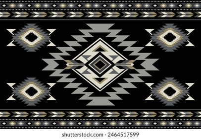 Etnia tribal azteca de fondo negro. Patrón tribal sin costuras, bordado popular, adorno azteca geométrico de tradición. Tradición Nativa y diseño Navaho para tela, textil, estampado, alfombra, papel