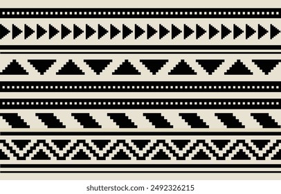 Etnia tribal azteca negro y fondo de rayas blancas. Patrón tribal sin costuras, bordado popular, adorno azteca geométrico de tradición. Tradición al diseño para tela, textil, estampado, alfombra, papel