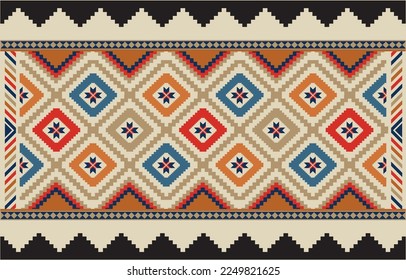 ethnic  tribal aztec  colorful  black and beige background.  tribal diamond   pattern, tribal  geometric aztec ornament . ethnic  design for wallpaper, clothing, fabric, textile, tile, print, rug
