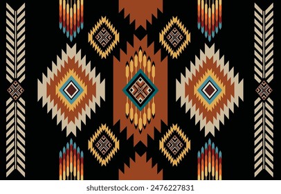 Ethnic tribal Aztec colorful black  background. Seamless tribal pattern, folk embroidery, tradition geometric Aztec ornament. Tradition Native  design for fabric, textile, print, rug, paper