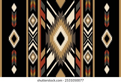 Fondo negro colorido azteca tribal étnico. Patrón tribal sin fisuras, bordado popular, tradición geométrica adorno azteca. Diseño tradicional para la tela, materia textil, impresión, alfombra, papel