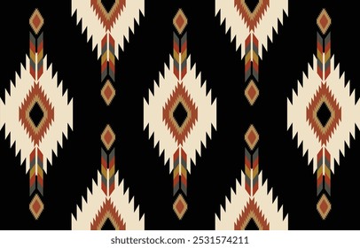 Ethnic tribal Aztec colorful black background. Seamless tribal pattern, folk embroidery, tradition geometric Aztec ornament. Traditional design for fabric, textile, print, rug, paper