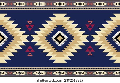 Ethnic tribal Aztec colorful blue background. Seamless tribal  pattern, folk embroidery, tradition geometric Aztec ornament. Tradition Native and Navaho design for fabric, textile, print, rug, paper