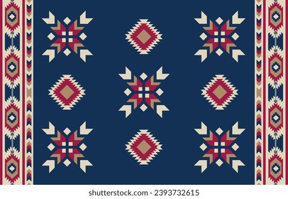 Ethnic tribal Aztec colorful blue background. Seamless tribal pattern, folk embroidery, tradition geometric Aztec ornament. Tradition Native and Navaho design for fabric, textile, print, rug, paper