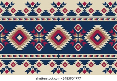 Etnia tribal azteca colorido fondo azul. Patrón tribal sin costuras, bordado popular, adorno azteca geométrico de tradición. Tradición Nativa y diseño Navaho para tela, textil, estampado, alfombra, papel