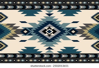 Ethnic tribal Aztec colorful blue background. Seamless tribal pattern, folk embroidery, tradition geometric Aztec ornament. Tradition Native and Navaho design for fabric, textile, print, rug, paper