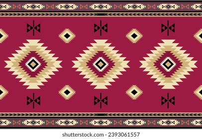 Ethnic tribal Aztec colorful red background. Seamless tribal pattern, folk embroidery, tradition geometric Aztec ornament. Tradition Native and Navaho design for fabric, textile, print, rug, paper