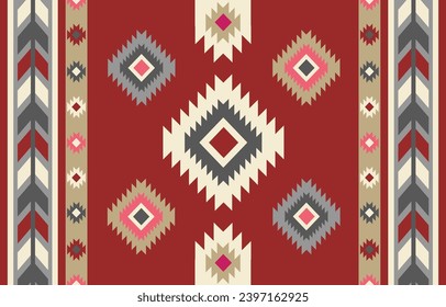 Ethnic tribal Aztec colorful red background. Seamless tribal arrow pattern, folk embroidery, tradition geometric ornament. Tradition Native and Navaho design for fabric, textile, print, rug, paper