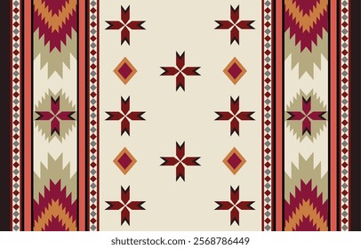 Ethnic tribal Aztec colorful red background. Seamless tribal pattern, folk embroidery, tradition geometric Aztec ornament. Traditional design for fabric, textile, print, rug, paper