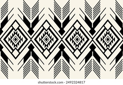 Etnia tribal azteca pluma fondo blanco y negro. Patrón tribal sin costuras, bordado popular, adorno azteca geométrico de tradición. Diseño tradicional para tela, textil, estampado, alfombra, papel