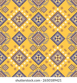 Etnia tribal asteca geométrica sem emenda padrão Ornamento Navajo Tradition Brown azul no fundo amarelo Design para fundo, tapete, papel de parede, envoltório, pano, tecido, têxtil, decorativo, bordado
