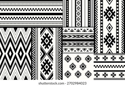 Tribal étnica preto e branco patchwork fundo. Padrão tribal perfeito, bordados folclóricos, ornamento geométrico tradicional. Design tradicional para tecido, têxtil, impressão, tapete, papel, tapete