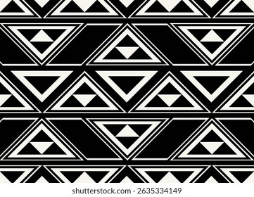 Ethnic tribal black and white triangle background. Seamless tribal pattern, folk embroidery, tradition geometric tribal ornament. Traditional design for fabric, textile, print, rug, paper