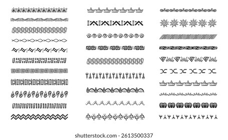 Ethnic tribal border, traditional hand drawn divider, doodle separator. Ancient motif line geometric brush, for frames, design element. 
