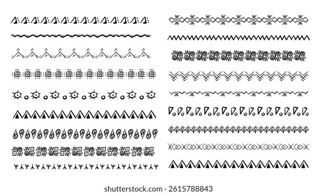Ethnic tribal border, traditional hand drawn divider, doodle separator. Ancient motif line geometric brush, for frames, design element. 