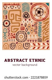 Ethnic tribal card design. Vertical background with abstract Mexican tribe ornament. Trendy template with ancient geometric elements, Aztec symbols, navajo signs, shapes. Flat vector illustration