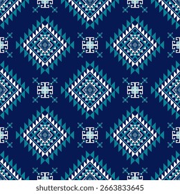 Padrão étnico tribal Chevron em azul e branco com elementos decorativos simétricos tecelagem