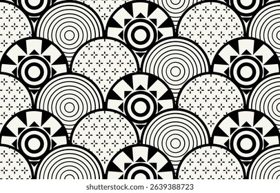 Ethnic tribal circle black and white background. Seamless tribal pattern, folk embroidery, tradition geometric tribal ornament. Traditional design for fabric, textile, print, rug, paper, carpet