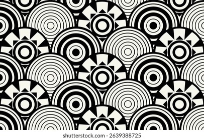 Ethnic tribal circle black and white background. Seamless tribal pattern, folk embroidery, tradition geometric tribal ornament. Traditional design for fabric, textile, print, rug, paper, carpet