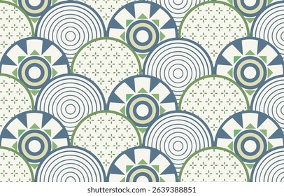 Ethnic tribal circle blue and green background. Seamless tribal pattern, folk embroidery, tradition geometric tribal ornament. Traditional design for fabric, textile, print, rug, paper, carpet